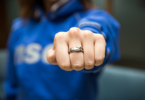 Close-up photo of the alumni ring on someone wearing an NSCC sweater.