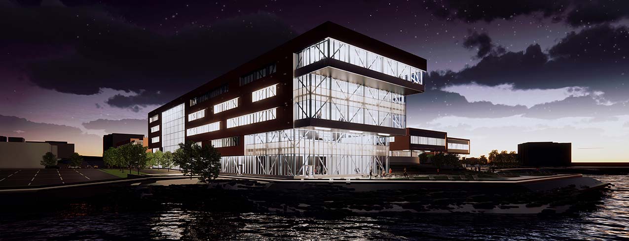 Rendering photo of Sydney Waterfront Campus at night.