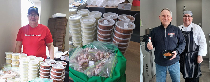 Three photos are shown. In the first, a woman in a red t-shirt and hat stands behind stacks of full food containers. In the second, the food containers are shown close up, with other food items also shown in small bags.