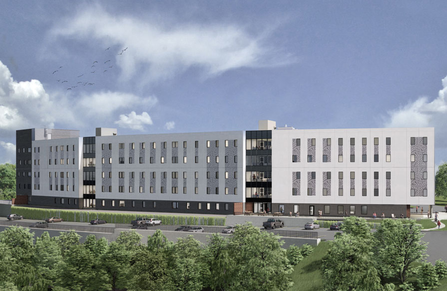 A rendering of NSCC Ivany Campus's Student Housing Facility is pictured. This view is from the water side.
