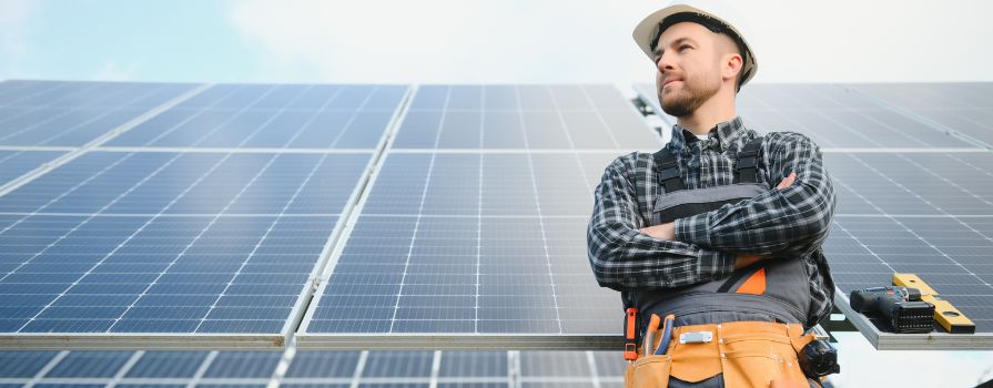 A man wearing a plaid shirt, overalls, hard hat and a tool belt looking thoughtful leans cross armed against solar panels with blue sky in the background.