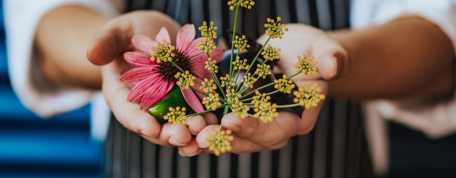 Close-up photo of open hands holding flowers with the background showing the individual wearing a cooking apron.