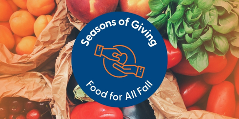 Graphic promoting NSCC Foundation’s “Seasons of Giving: Food for All Fall” campaign. Blue circle with text and icon of hands holding a heart over fresh produce like peaches, greens, and cherries. Supports student food security.