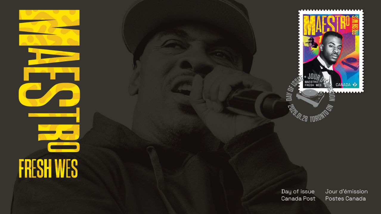 A graphic design with a background photo of a man singing on a mic and bright stamp of him.