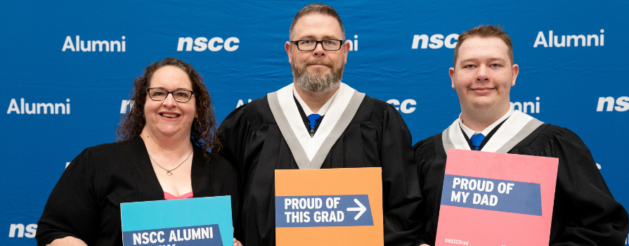 From left to right, Cyndi McLean (Business Admin '09), Logan MacLean (AMCA '23 and Achieve '21) and Joe MacLean (Continuing Care '23)