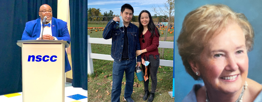 3-panel photo of Archy Beals at the Archy Beals Dinner and Dance, two NSCC alumni at the alumni Farm Fun Day, and a photo of Margaret Mary Cook.