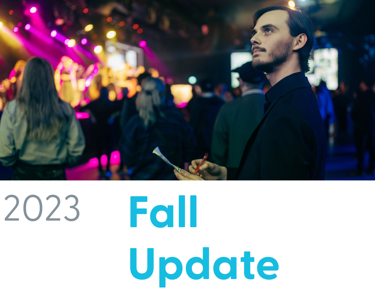 Hyperlinked NSCC Foundation Fall 2023 Update photo of attendee at NSCC's Spark Creativity event with text below saying "2023" in a grey coloured font to the left, followed by "Fall Update" in aqua coloured font to the right