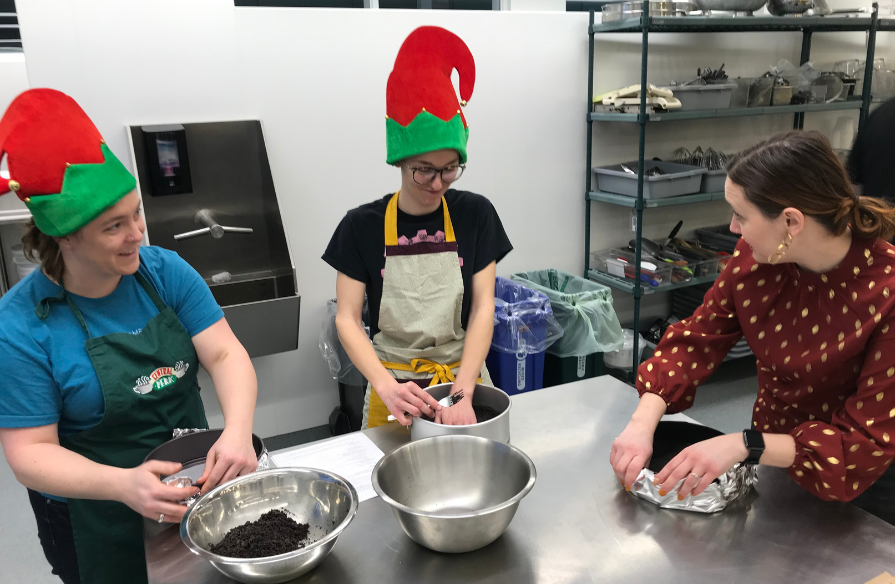 From left to right: Nicole Byers, Phil Byers and NSCC Foundation Development Officer, Shaylyn MacAulay, making the cheesecakes at NSCC's Kingstec Campus.