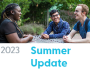 Hyperlinked NSCC Foundation Summer 2023 Update photo with students sitting at a table smiling outside with text below saying "2023" in a grey coloured font to the left, followed by "Summer Update" in aqua coloured font to the right
