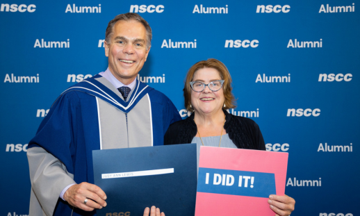 From left to right, a photo of NSCC President Don Bureaux and NSCC alum Judy Lewis at NSCC Ivany Campus' spring convocation.