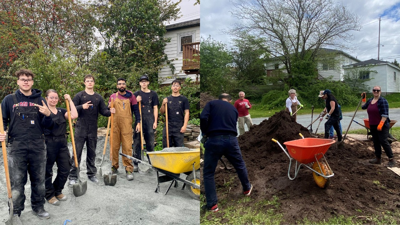 Left to right: NSCC student and employee volunteers building the garden beds for Iga'taqan.