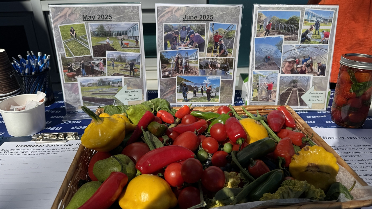 Produce after Iga'taqan's first harvest in front of progress photos for project for the garden's opening ceremony.