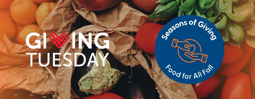 Giving Tuesday banner featuring fresh produce in paper bags with text “Giving Tuesday” and a blue circle reading “Seasons of Giving: Food for All Fall.” Promotes NSCC Foundation’s campaign to fight student food insecurity.