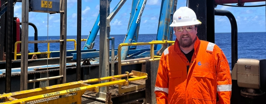 Jonah Pye (Marine Geomatics '25), working on UTEC's HOS Brass Ring offshore vessel.