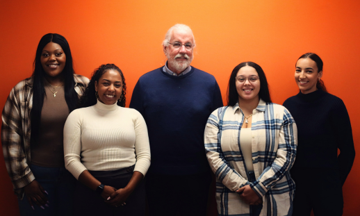 From left to right, a photo of Amber Cain (Prep), Ashley Hill (Prep), Bill Gunn (Jeannine Deveau Achievement Fund), Kaisen MacKinnon (Prep) and Vanessa Hartley (Prep)