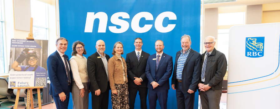 Photo of Don Bureaux, NSCC President, Emily MacDonald, NSCC alumni, Darryl Pike, Banking Manager at RBC, Sandra Snow, Mayor of Kentville, Jason Clark, Chad Langille, Regional VP, Central and Western Nova Scotia, John Lawrence, Community Market Manager at RBC and Peter Muttart, Mayor of Kings County