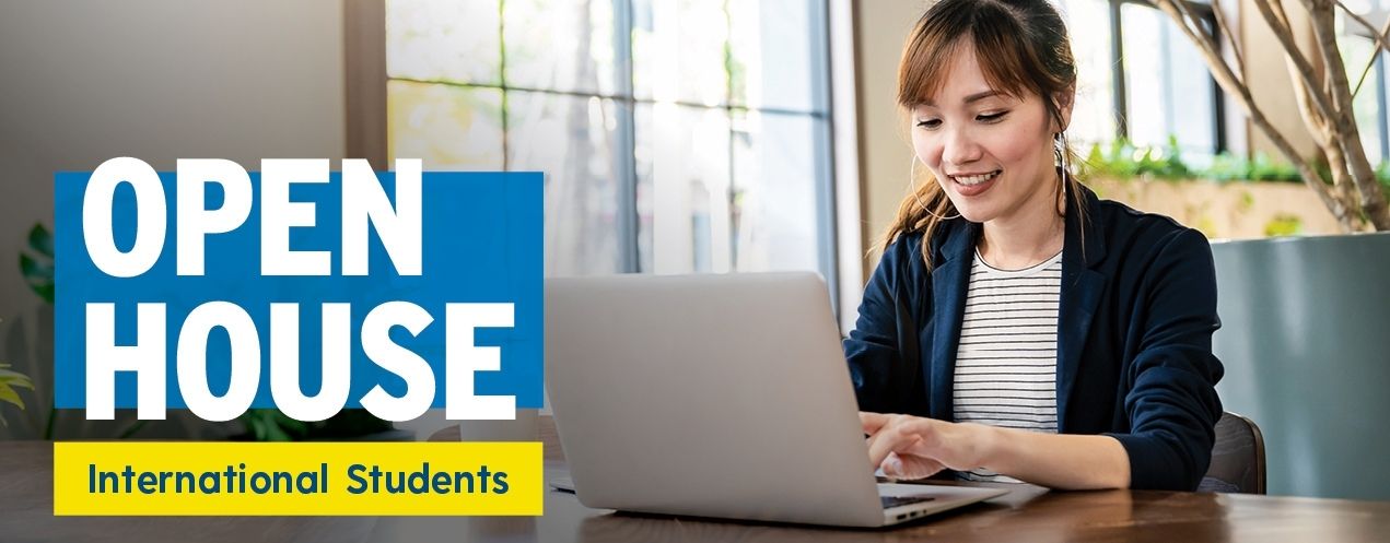 A woman sits at a table and uses a laptop. A text logo design on the image reads: Open House International Students.