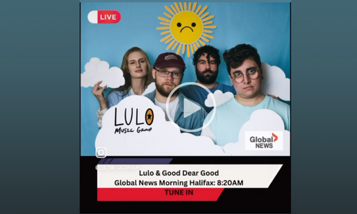 Global News preview showing a photo of four bandmates, 3 men and 1 women, pose in front of a blue sky background, with a frowning yellow sun above their heads while holding paper clouds in their hands.