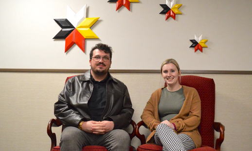 Brandon Jolie, left, the local co-ordinator of the federal Youth Employment and Skills Strategy program, sits with participant Stacey MacDonald at the mayor’s office where she recently started a 14-week work placement.
