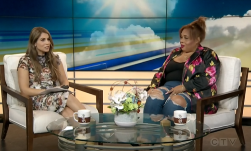 Ana Almeida (left) sitting with Tia Upshaw on the CTV morning show set.