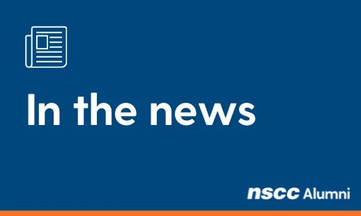 Blue image with white text and a newspaper icon that reads 'In the news' and has a white NSCC Alumni logo.