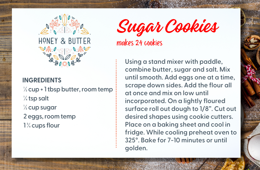 Graphic with a recipe card for sugar cookies and baker's table background.