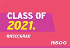 Photo of pink graphic with white and yellow text saying "Class of 2021 #NSCCGrad"