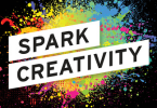 Black graphic with splatter bright colours under a white banner that reads "Spark Creativity".