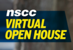 A graphic with the words "NSCC Virtual Open House" overlaying a blue banner with a blurred background of a tree trunk.