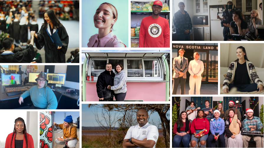Photo collage of alumni accomplishing great things. Photos include alumni at a movie set, radio station, campus, award ceremonies, and their businesses.
