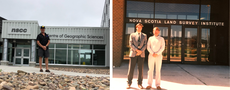 Photo of Justin Bishop outside of NSCC's Centre of Geographic Sciences in 2022 next to a photo of Ivan Bishop outside of the former Nova Scotia Land Survey Institute in the early 1980s.