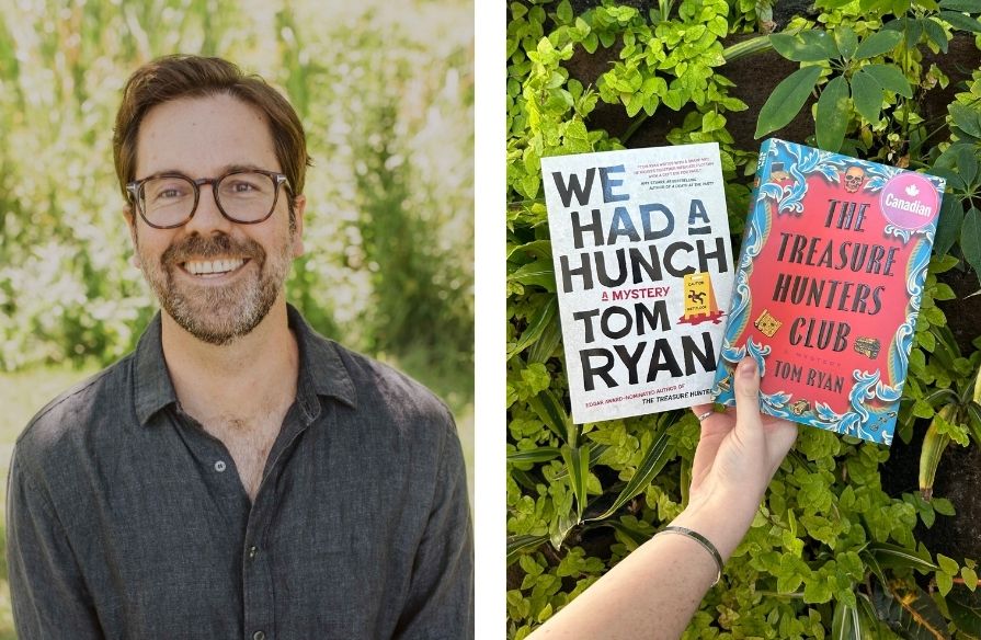 A collage with Tom Ryan's headshot in front of trees on the left. The photo on the right is An outstretched arm holding two books by Tom Ryan, "The Treasure Hunters Club" and "We Had a Hunch" in front of the plant wall.