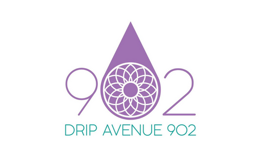 Drip Avenue 902's logo which is a white background with "902" written in purple and the zero as a teardrop design, and "Drip Avenue 902" written in teal underneath. 