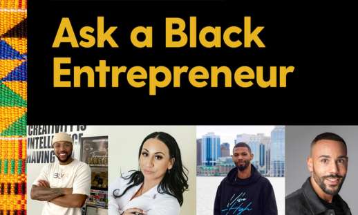 The Ask a Black Entrepreneur Panel event poster shows four faces of speakers and event title.