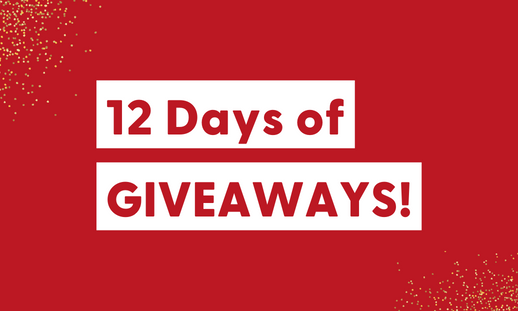 Graphic with a red background, gold shimmer and the words, "12 Days of Giveaways!"
