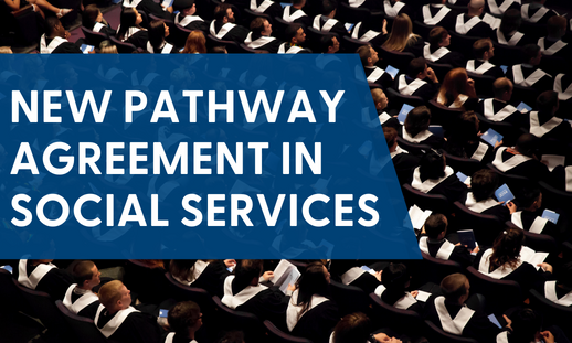 Overhead photo of a graduating class sitting in a theatre with a words added that read, "New pathway agreement in Social Services" 