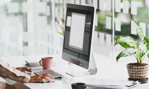 Woman typing on a computer in a clean workspace beside a plant