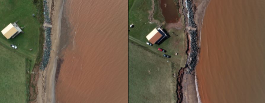 Aerial imagery of a coastline before and after a hurricane showing the damage from the storm.