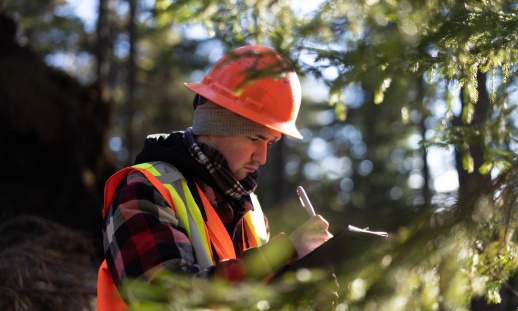 Young man wearing an orange safety vest and a hard hat taking notes on a clipboard in the forest.