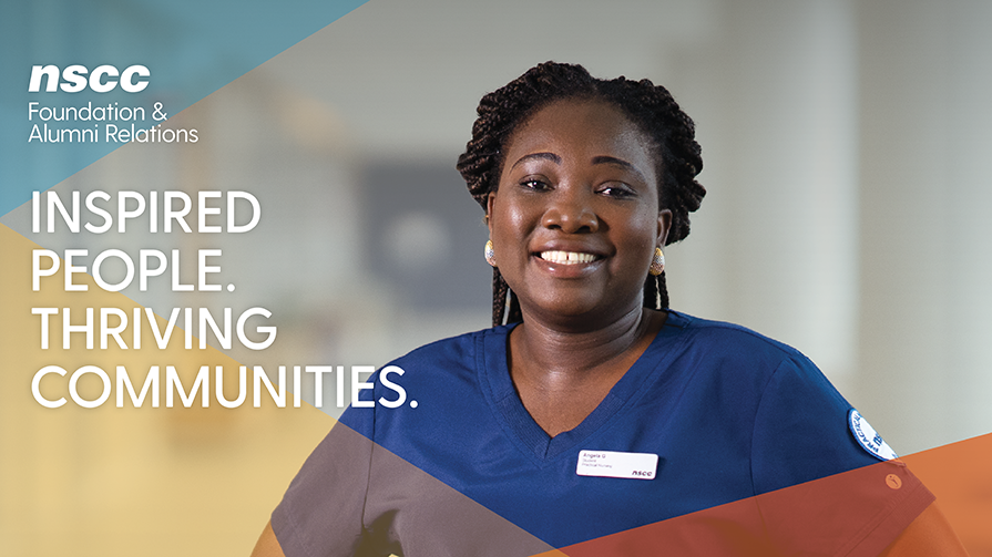 2022-23 NSCC Foundation and Alumni Relations Annual Report on Giving cover page with photo of NSCC student Angela G. in scrubs, with white NSCC Foundation and Alumni Relations logo in top-left corner and the report title "Inspired people. Thriving communities." in white text on the bottom-left.