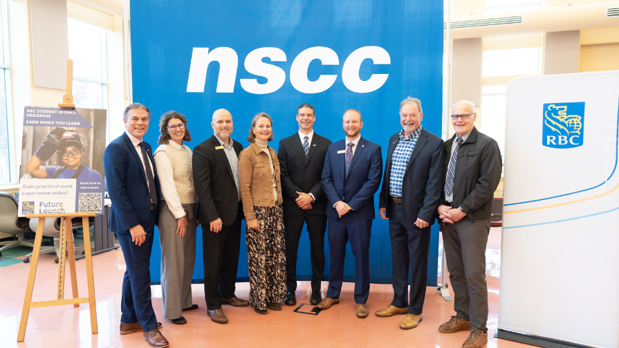 From left to right, a photo of: Don Bureaux, NSCC President, Emily MacDonald, NSCC alumni, Darryl Pike, Banking Manager at RBC, Sandra Snow, Mayor of Kentville, Jason Clark, Chad Langille,Regional VP, Central and Western Nova Scotia, John Lawrence, Community Market Manager at RBC and Peter Muttart, Mayor of Kings County