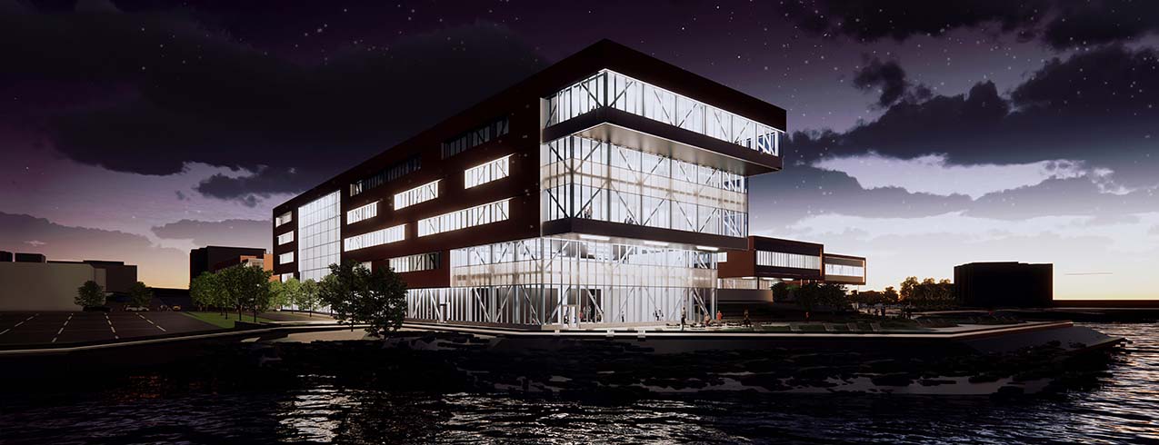 Rendering photo of Sydney Waterfront Campus at night.