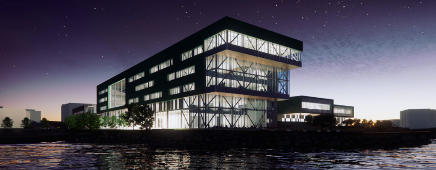 Mock-up design photo of the new Sydney Waterfront Campus at night