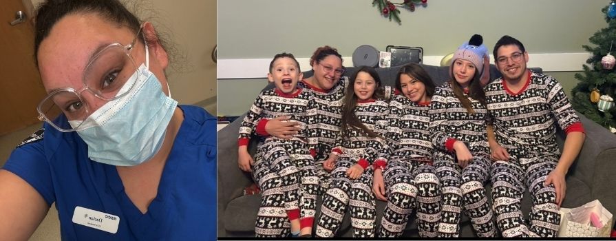 A collage photo with two photos. The photo on the left is a woman wearing blue scrubs, a mask and glasses. The second photo is a family photo of a mom, four kids and dad sitting on their couch. They're all in matching pajamas.