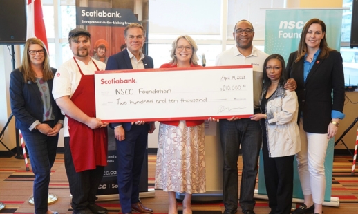 Group photo of NSCC Foundation, NSCC Entrepreneurship and Scotiabank staff with Entrepreneur-in-the-Making (EITM) recipients Liam Crane and Sabrina Allison at the EITM gift announcement.