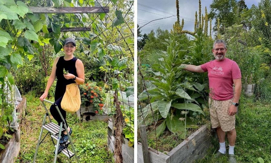 A collage of two photos. The one on the left is a woman on a ladder, in a garden collecting vegetables. The photo on the right is a man in a yard standing next to a vegetable box.