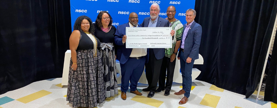 From left to right, a photo of Barbara Roberts, Deanna Mohamed, Archy Beals, Bill Gunn, Augy Jones, and Don Bureaux presenting the $200,000 gift.