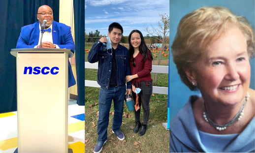 3-panel photo of Archy Beals at the Archy Beals Dinner and Dance, two NSCC alumni at the alumni Farm Fun Day, and a photo of Margaret Mary Cook.