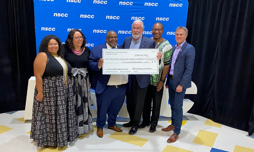 From left to right, a photo of Barbara Roberts, Deanna Mohamed, Archy Beals, Bill Gunn, Augy Jones, and Don Bureaux presenting the $200,000 gift.