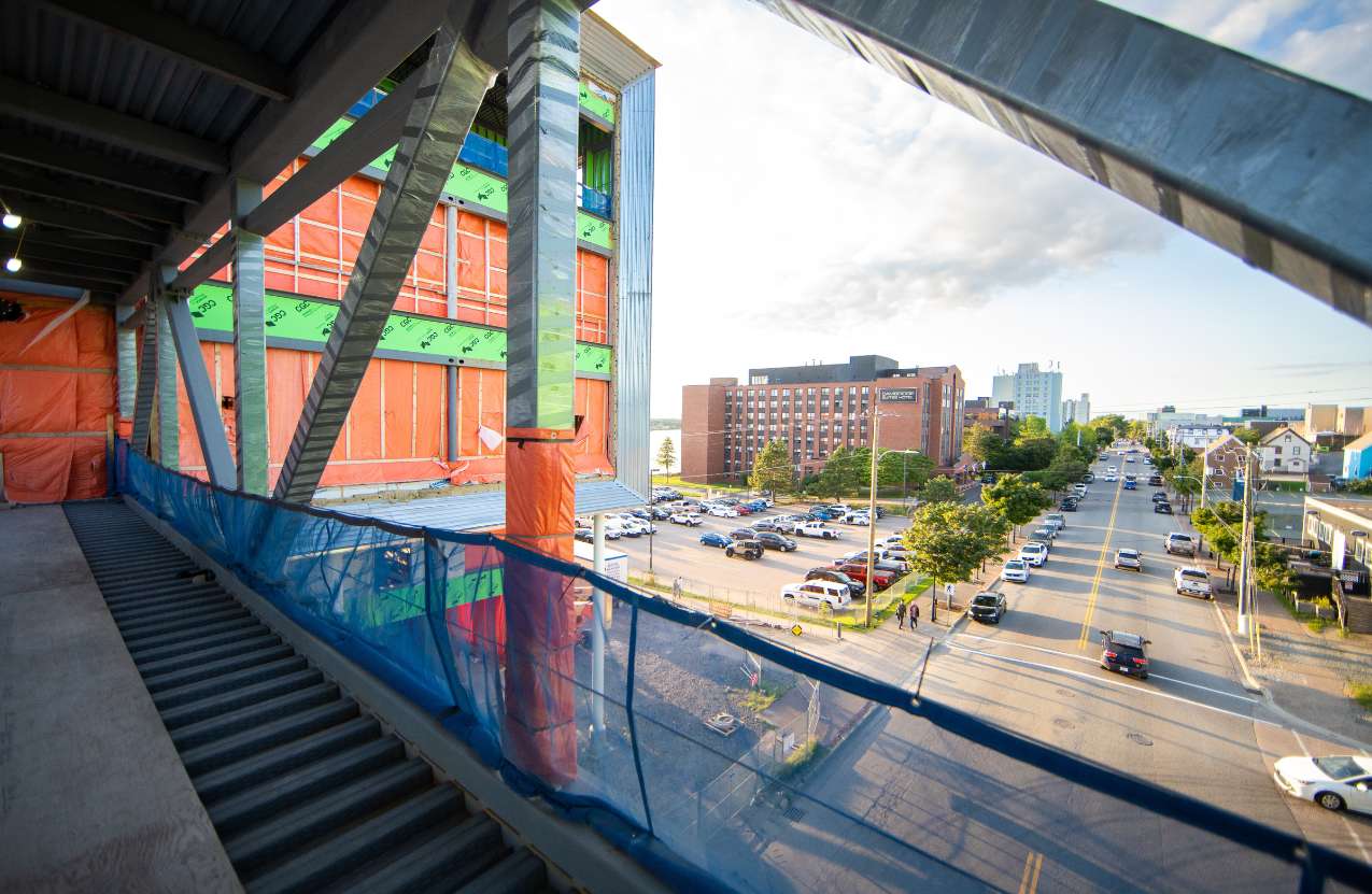 Photo from November 2022 of view from pedway at NSCC's Sydney Waterfront Campus' construction site